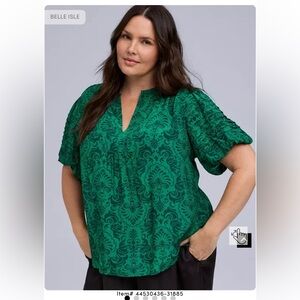 Torrid Belle Isle NWT Damask Emerald Marine Green Women's Blouse Size 2x 18/20